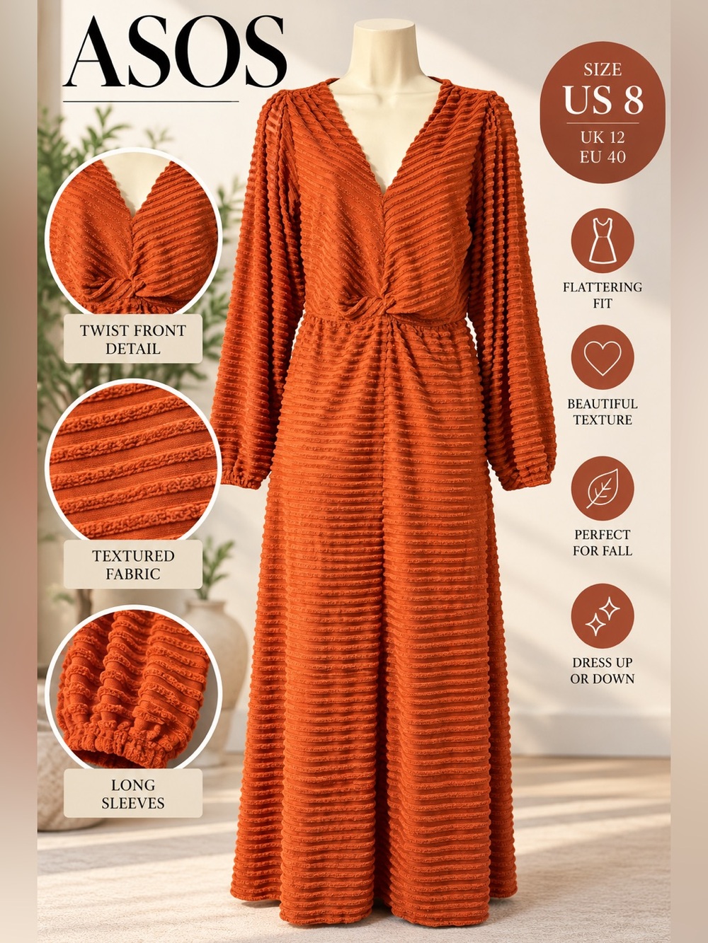 ASOS Rust Orange Textured Twist Front Long Sleeve Midi Dress US 8